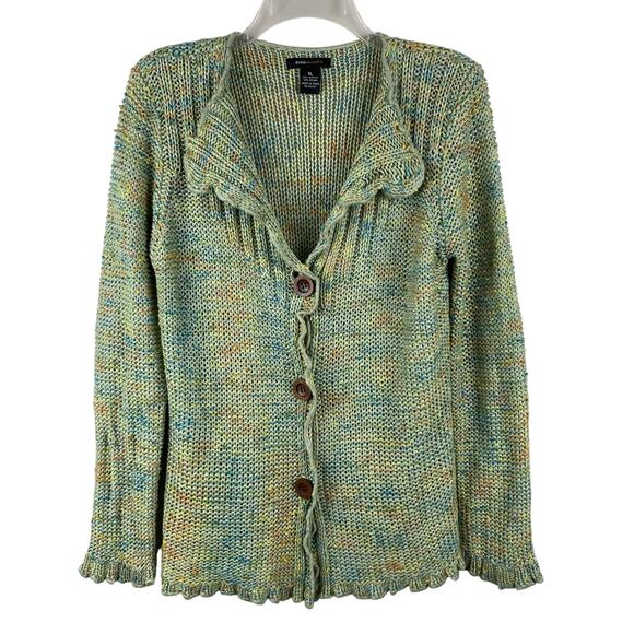 BCBGMaxAzria Ruffled Marled Knit Cardigan Green Multi Womens Size XL Boho Y2K - Picture 1 of 10